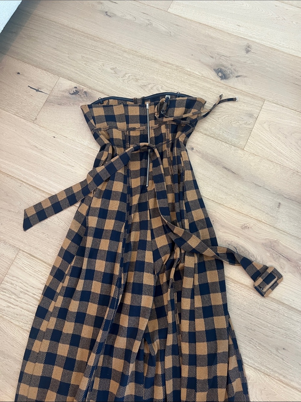 Strapless Wide-Leg Jumpsuit in Black and Tan Plaid - Picture 3 of 4